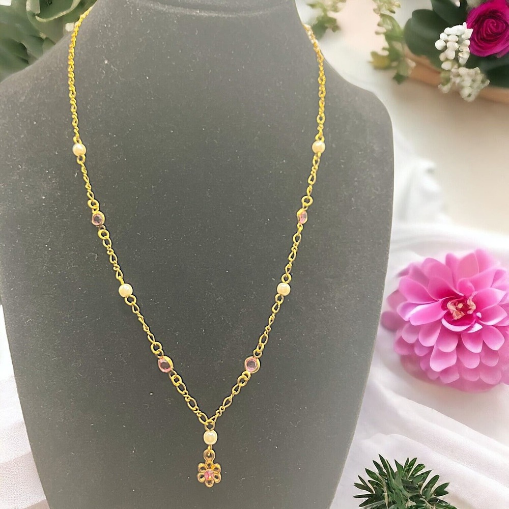 Mattel Barbie Pink Rhinestone Flower Faux Pearls Child's 16" Necklace!
